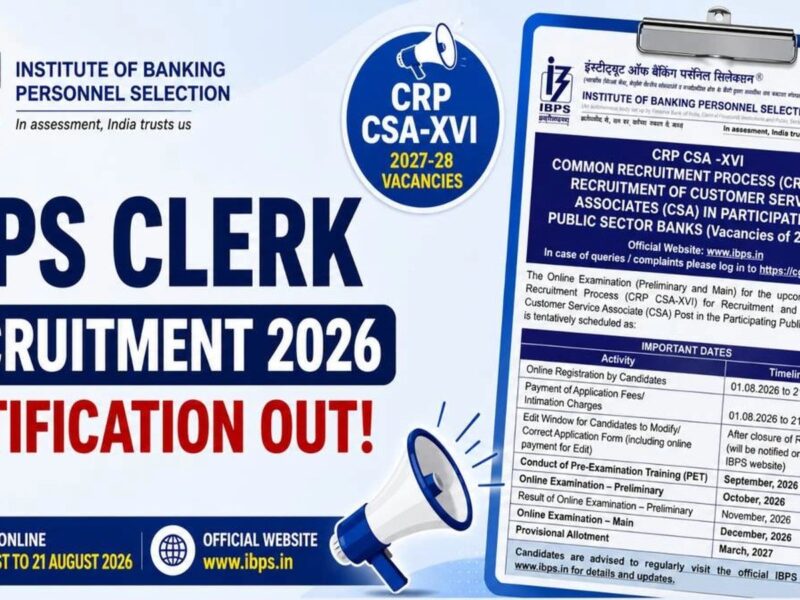 ₹24,050–64,480 वेतन: IBPS Clerk 2026 — 1 अगस्त से आवेदन, 21 अगस्त तक फॉर्म भरें